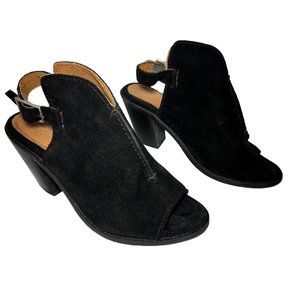 FRYE | Black Suede Courtney Sling Back Block Heel Open Toe Shoe | Size 6.5